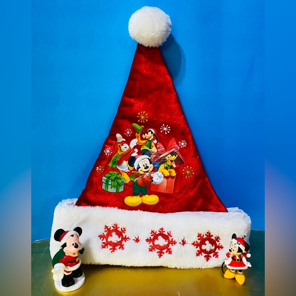 Disney Christmas Santa Hat Embroidered & Mickey & Minnie Santa Ornaments 3 Items